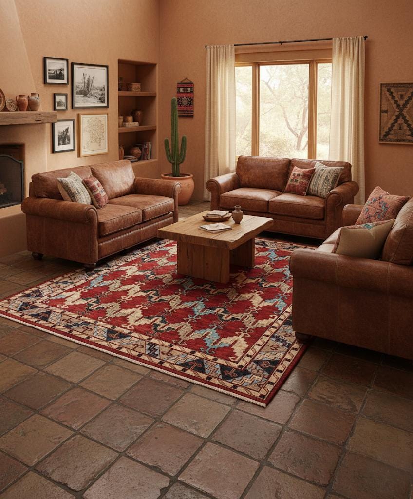 Hand-Knotted Navajo Style Wool Rug - Red & Blue Geometric Southwestern Area Rug
