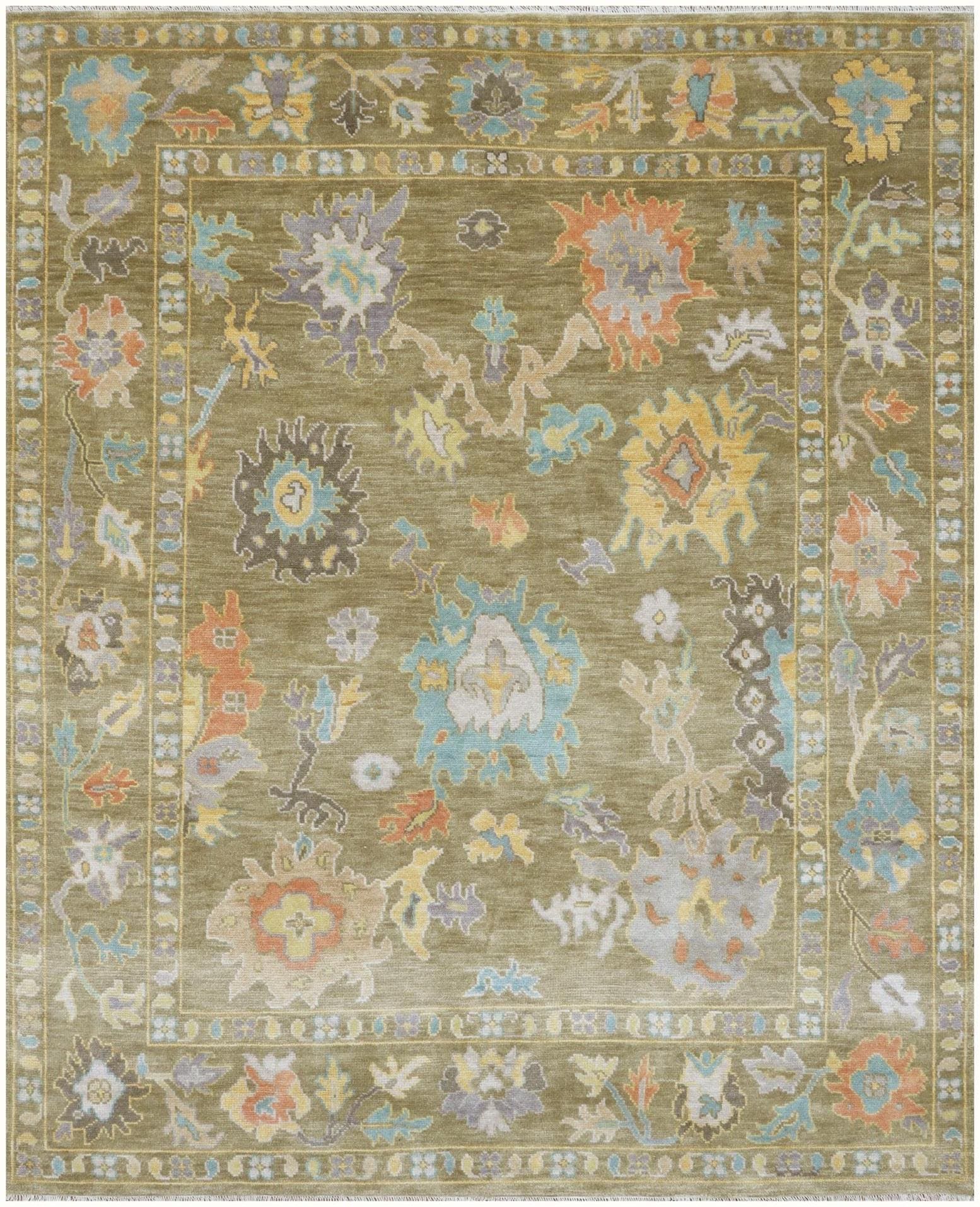 Verdant Oushak Turkish design –Hand-Knotted premium quality Wool Rug - Luxurious Moss Green/Olive Rug for Living Room, Bedroom & Dining Hall