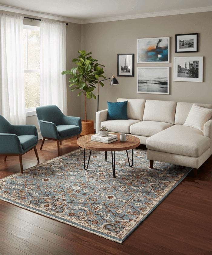 Hand-Knotted Persian Style Wool Rug – Slate Blue & Terracotta