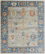 Hand-Knotted Oushak Wool Rug - Muted Blue & Terracotta Modern Transitional Design