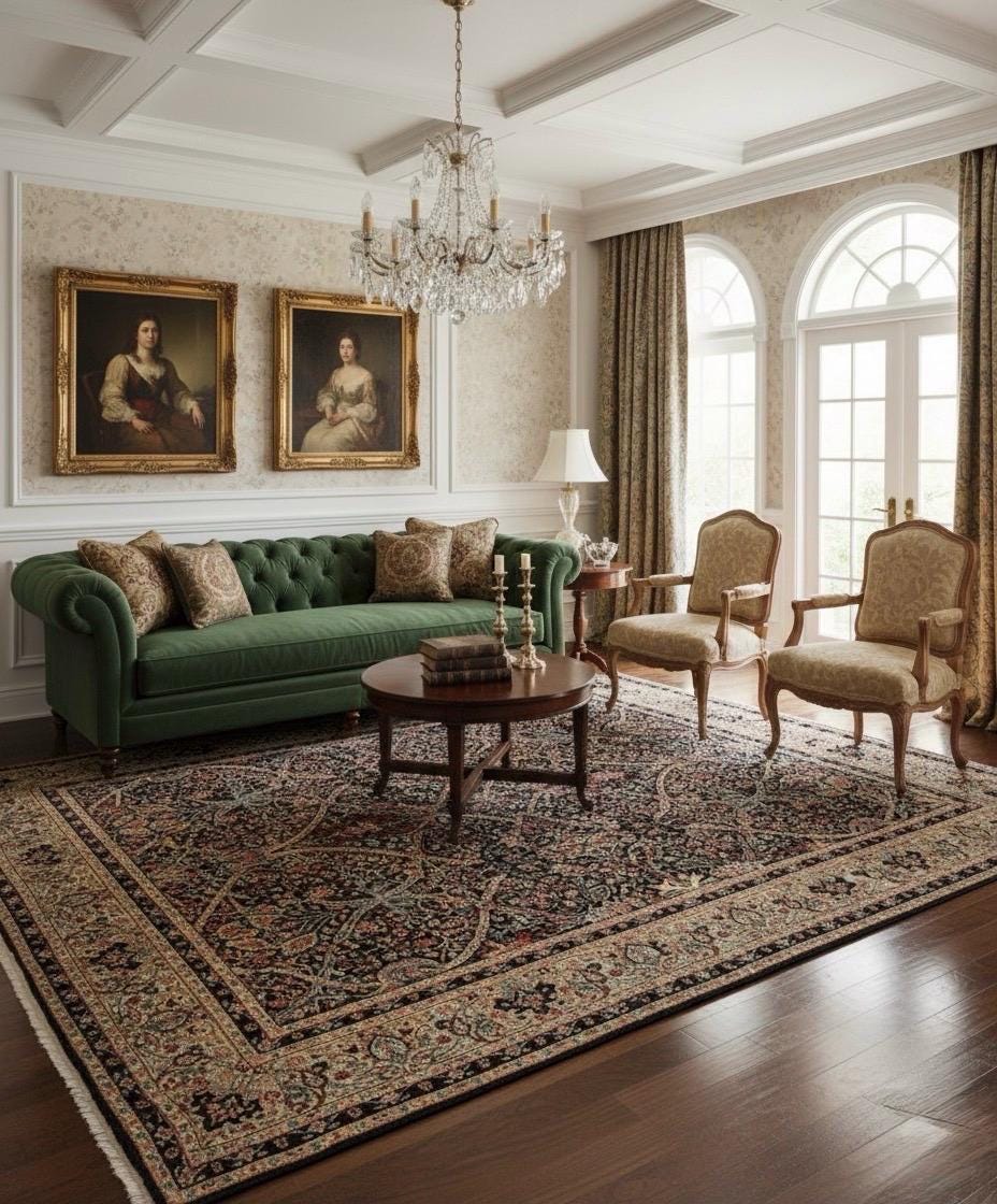 Beautiful William Morris Art and craft Black beige Handmade 6 foot round,rectangle area Rug, 6X9, 8X10 for living room, bedroom, dining room