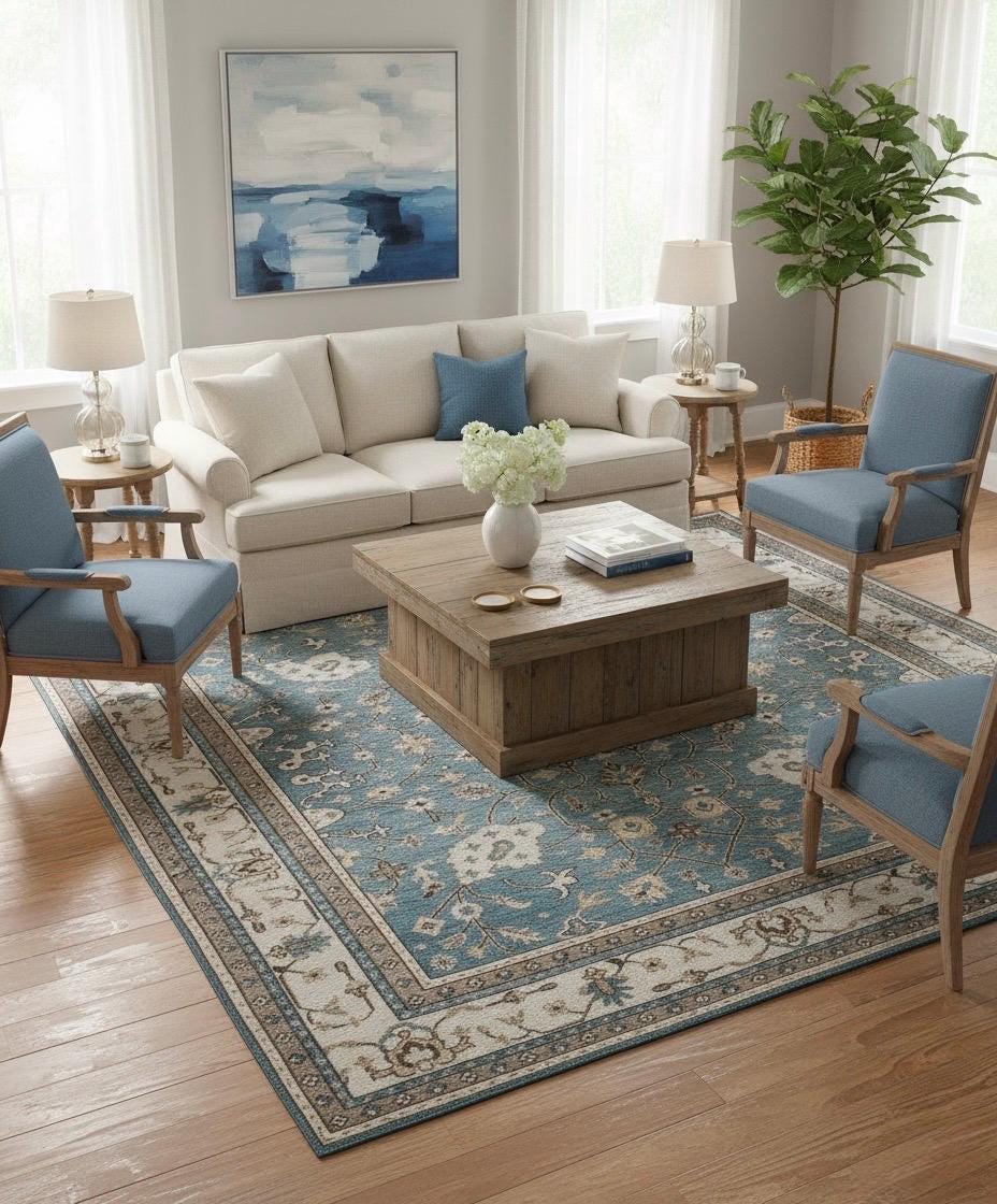 Hand-Knotted Blue & Ivory Persian Oushak Wool Rug