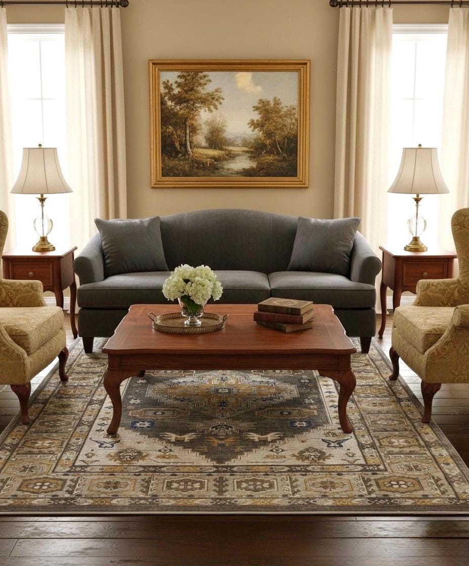 Hand-Knotted 8x10 & 9x12 ft Muted Grey & Mustard Gold Medallion - Traditional Persian Wool Carpet - Modern Organic Living Room
