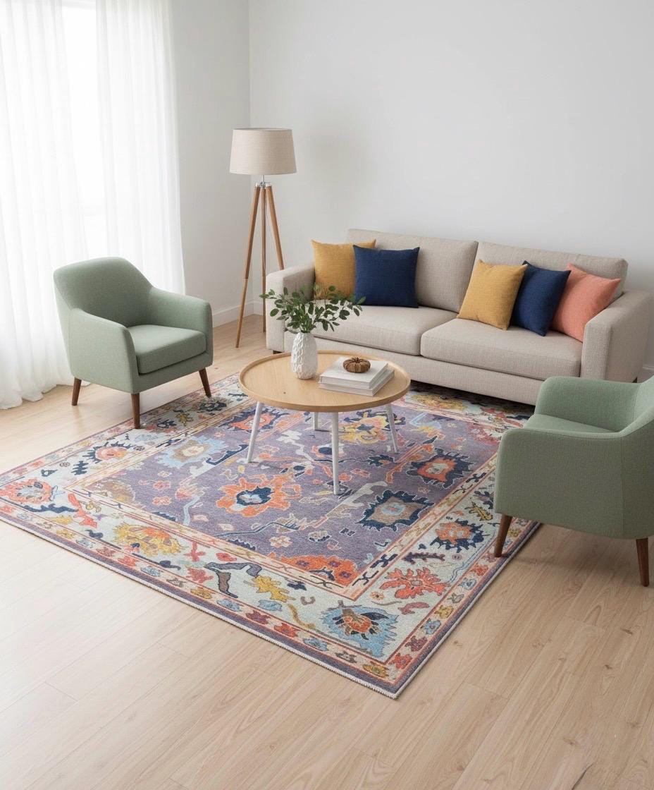 Hand-Knotted Oushak Wool Rug - Modern Transitional Floral Area Rug