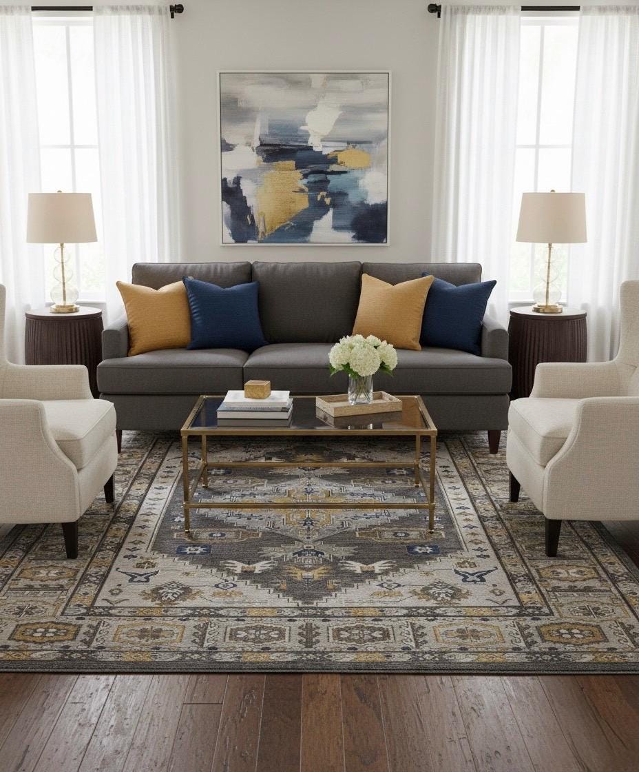 Hand-Knotted 8x10 & 9x12 ft Muted Grey & Mustard Gold Medallion - Traditional Persian Wool Carpet - Modern Organic Living Room