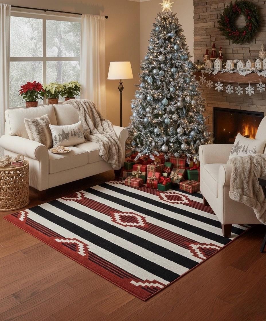 No tariff Hand Tufted 5X8 and 8X11 Ivory Black Wool Tribal pattern rug for living room, bedroom and dining room Christmas rug