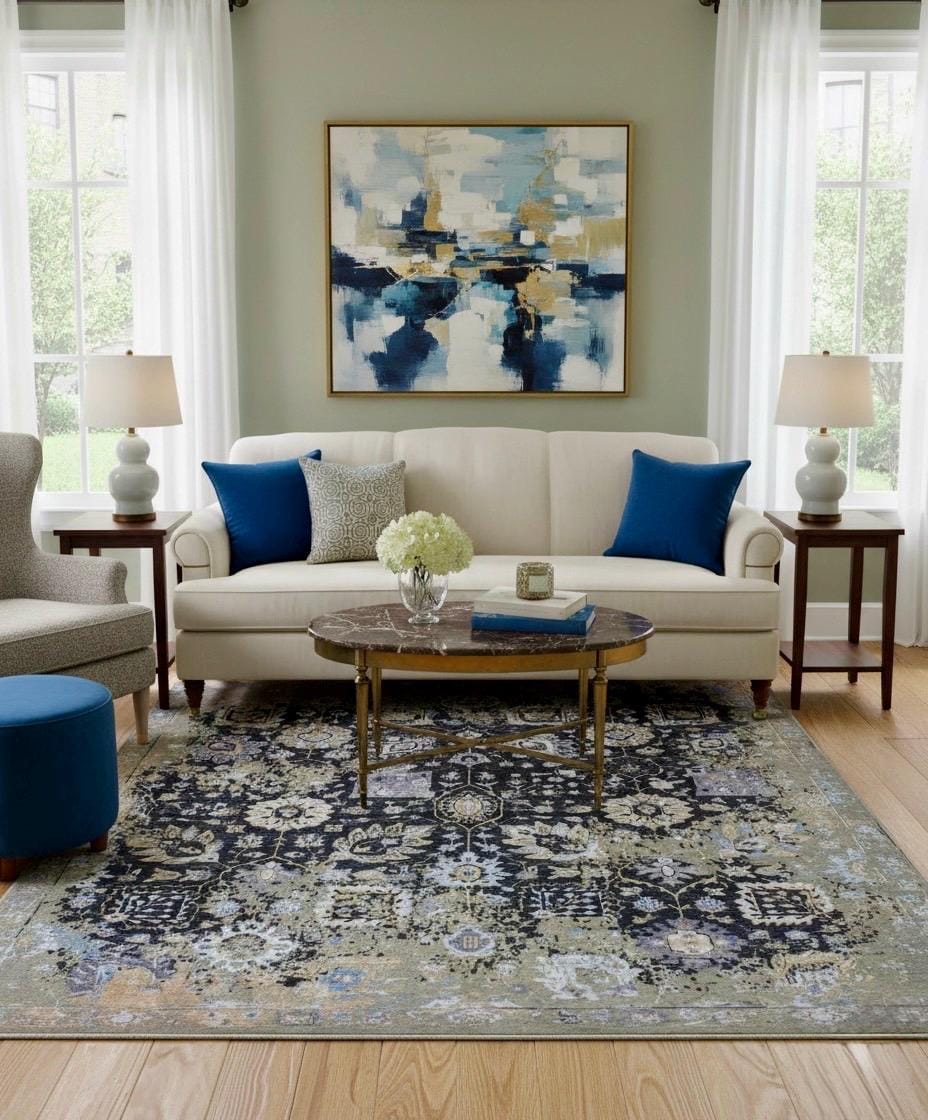9x12 Hand Knotted Wool Rug - 6x9 Distressed Charcoal & Sage Grey Modern Oriental Carpet - Large Transitional Area Rug for Living Room