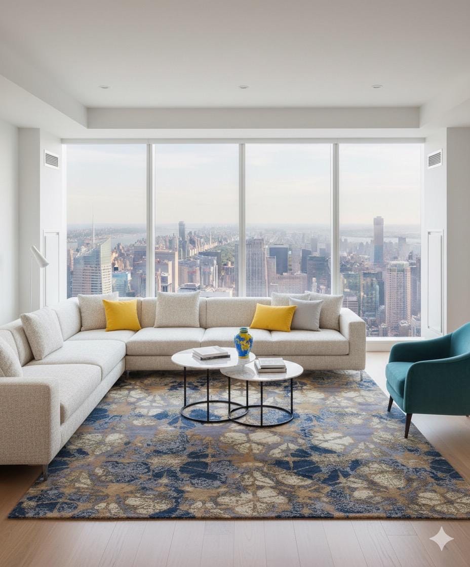Luxurious Blue & Gold Abstract Rug, Modern Living Room Carpet, Unique Distressed Pattern handmade 8x10, 9x12 for Bedroom, Dining room