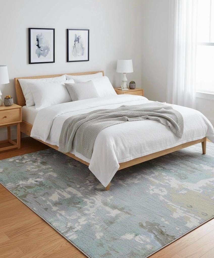 Modern Abstract Watercolor Area Rug - Hand-Tufted Wool - Blue, Sage & Lavender - 5x8, 8x10 - Soft Textured Rug for Living Room