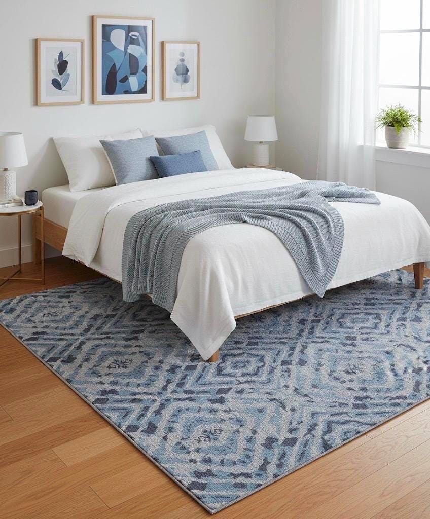 Blue Abstract Geometric Area Rug - Hand-Tufted Wool Carpet for Living Room, Bedroom | Modern Boho Transitional Rug | 5x8, 8x10 Large carpet
