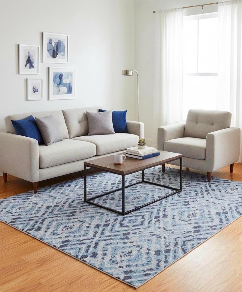 Blue Abstract Geometric Area Rug - Hand-Tufted Wool Carpet for Living Room, Bedroom | Modern Boho Transitional Rug | 5x8, 8x10 Large carpet