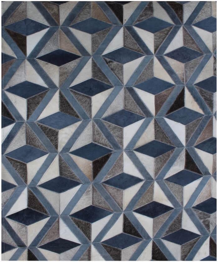 Modern 3D Geometric Cowhide Rug - Denim Blue & Grey Patchwork Handmade Area Rug - Large 8x10 Genuine Leather Carpet