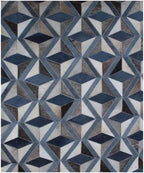Modern 3D Geometric Cowhide Rug - Denim Blue & Grey Patchwork Handmade Area Rug - Large 8x10 Genuine Leather Carpet