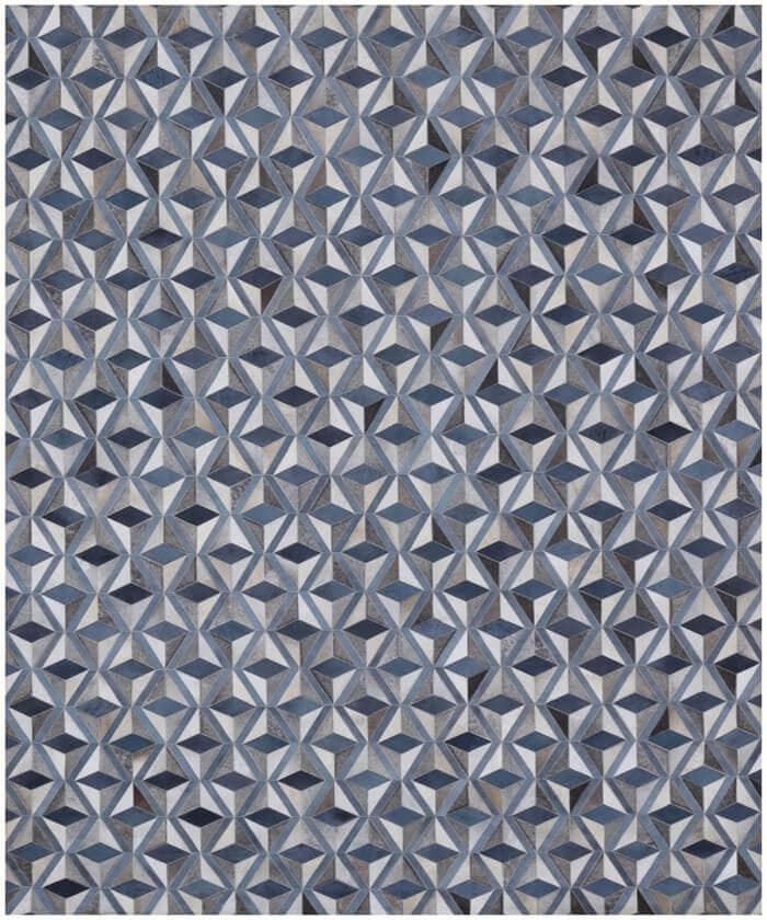 Modern 3D Geometric Cowhide Rug - Denim Blue & Grey Patchwork Handmade Area Rug - Large 8x10 Genuine Leather Carpet