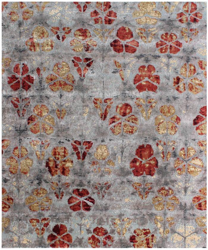 Modern Abstract Floral Hand Knotted Wool-bamboo silk Rug Grey Red Gold Artistic Area Carpet for Living Room, Bedroom, Office 8x10 9x12 10x14