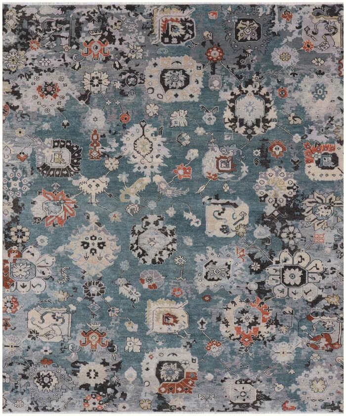 Capri Teal Blue Hand-Knotted Wool Rug - Distressed Medallion Area Carpet - Bohemian Chic & Coastal Style living room