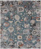 Capri Teal Blue Hand-Knotted Wool Rug - Distressed Medallion Area Carpet - Bohemian Chic & Coastal Style living room