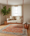 Oushak Hand Knotted New Zealand Wool Rug - Terracotta and Light Blue Area Rug-Traditional Turkish Design Rug for Living Room