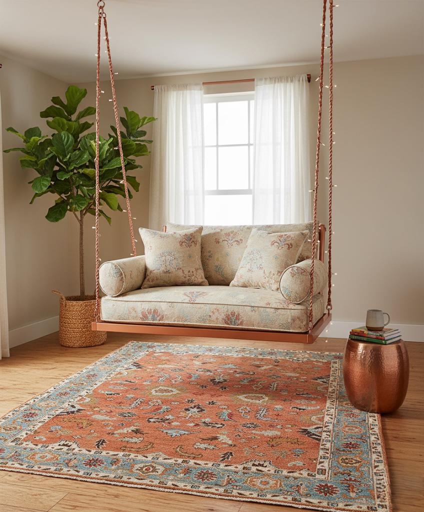 Oushak Hand Knotted New Zealand Wool Rug - Terracotta and Light Blue Area Rug-Traditional Turkish Design Rug for Living Room