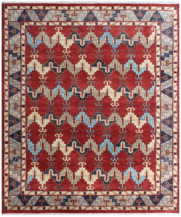 Hand-Knotted Navajo Style Wool Rug - Red & Blue Geometric Southwestern Area Rug