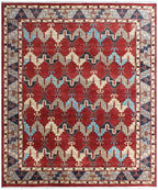Hand-Knotted Navajo Style Wool Rug - Red & Blue Geometric Southwestern Area Rug