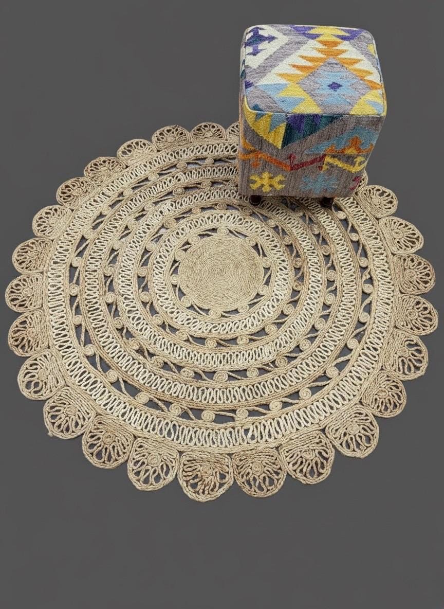 Scalloped Jute 5x5 round Area Rug, Bohemian Vibes