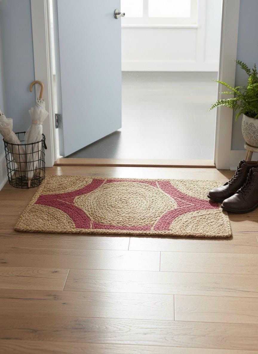 2x3 ft Boho magenta Jute Mat | Hand-Braided Area Rug | Geometric Accent Mat for Entryway, Kitchen, or Accent Chair