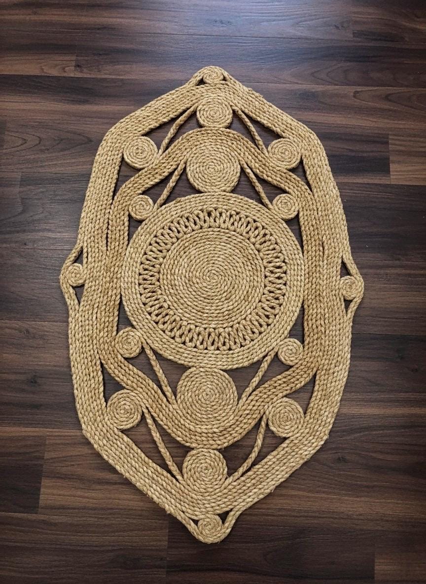 Artisan Natural Jute Accent Rug | Unique Ogee Shape 2x3 Mat | Hand-Braided Boho Floor Covering for Accent Chair or decodorative mat