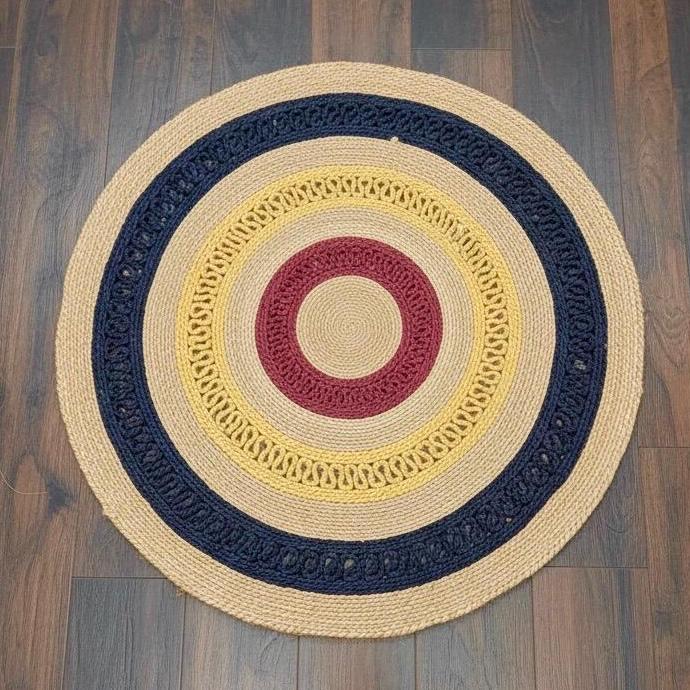3 ft Boho Round Jute Rug | Navy, Gold & Burgundy Concentric Circles Area Mat | Hand-Woven Natural Fiber Home Decor