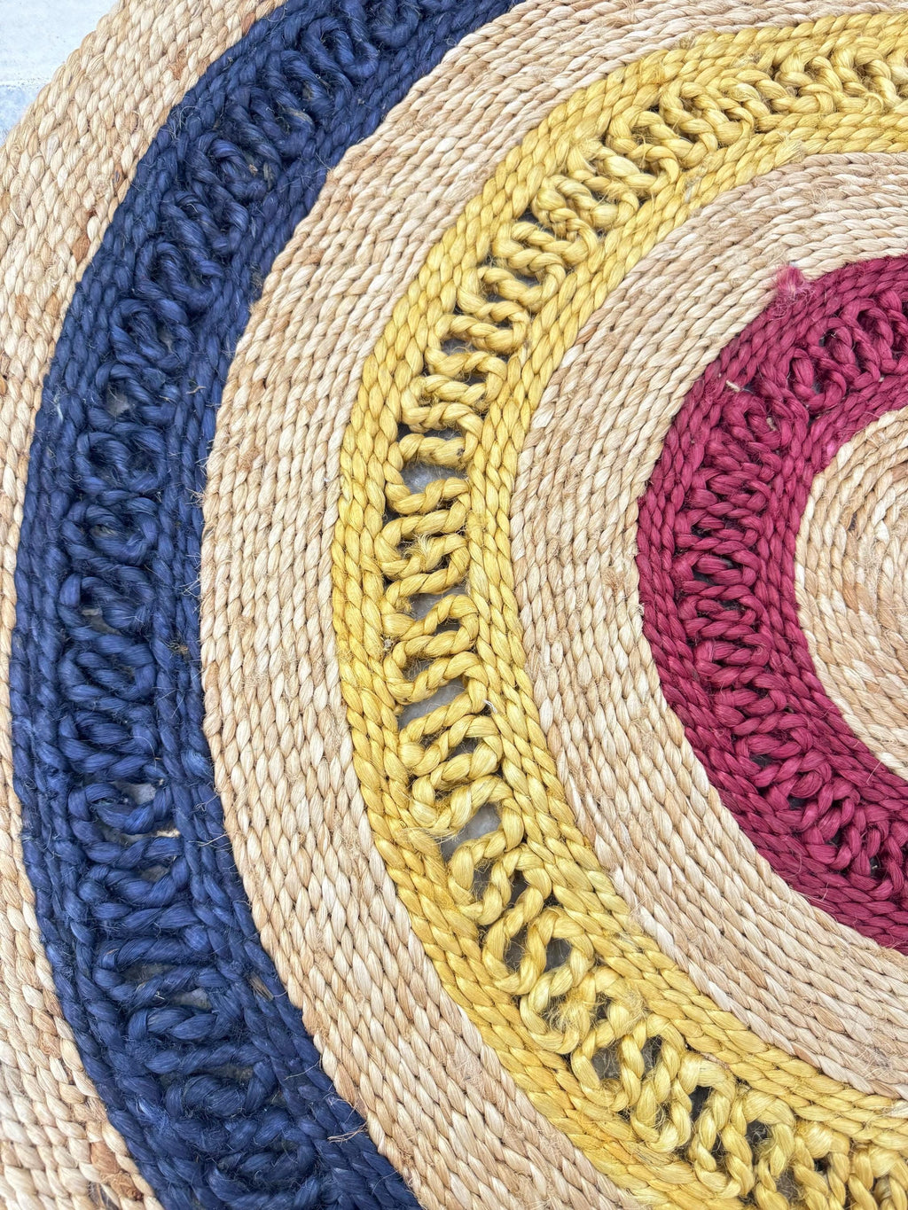 3 ft Boho Round Jute Rug | Navy, Gold & Burgundy Concentric Circles Area Mat | Hand-Woven Natural Fiber Home Decor