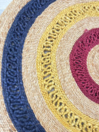 3 ft Boho Round Jute Rug | Navy, Gold & Burgundy Concentric Circles Area Mat | Hand-Woven Natural Fiber Home Decor