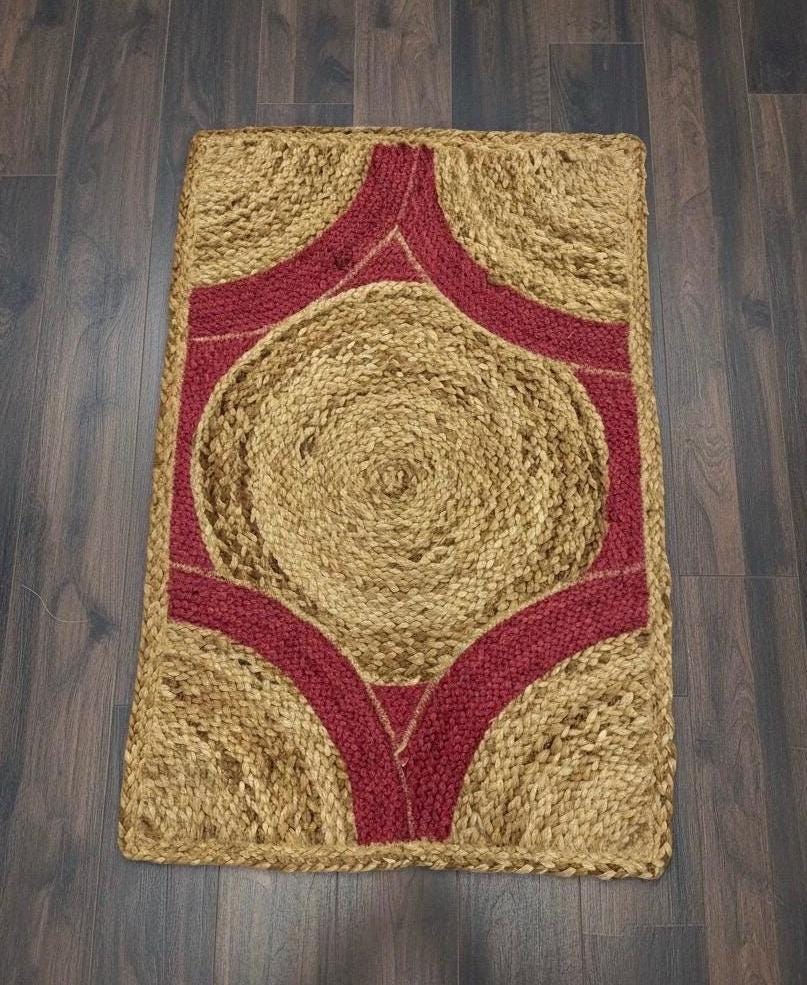 2x3 ft Boho magenta Jute Mat | Hand-Braided Area Rug | Geometric Accent Mat for Entryway, Kitchen, or Accent Chair