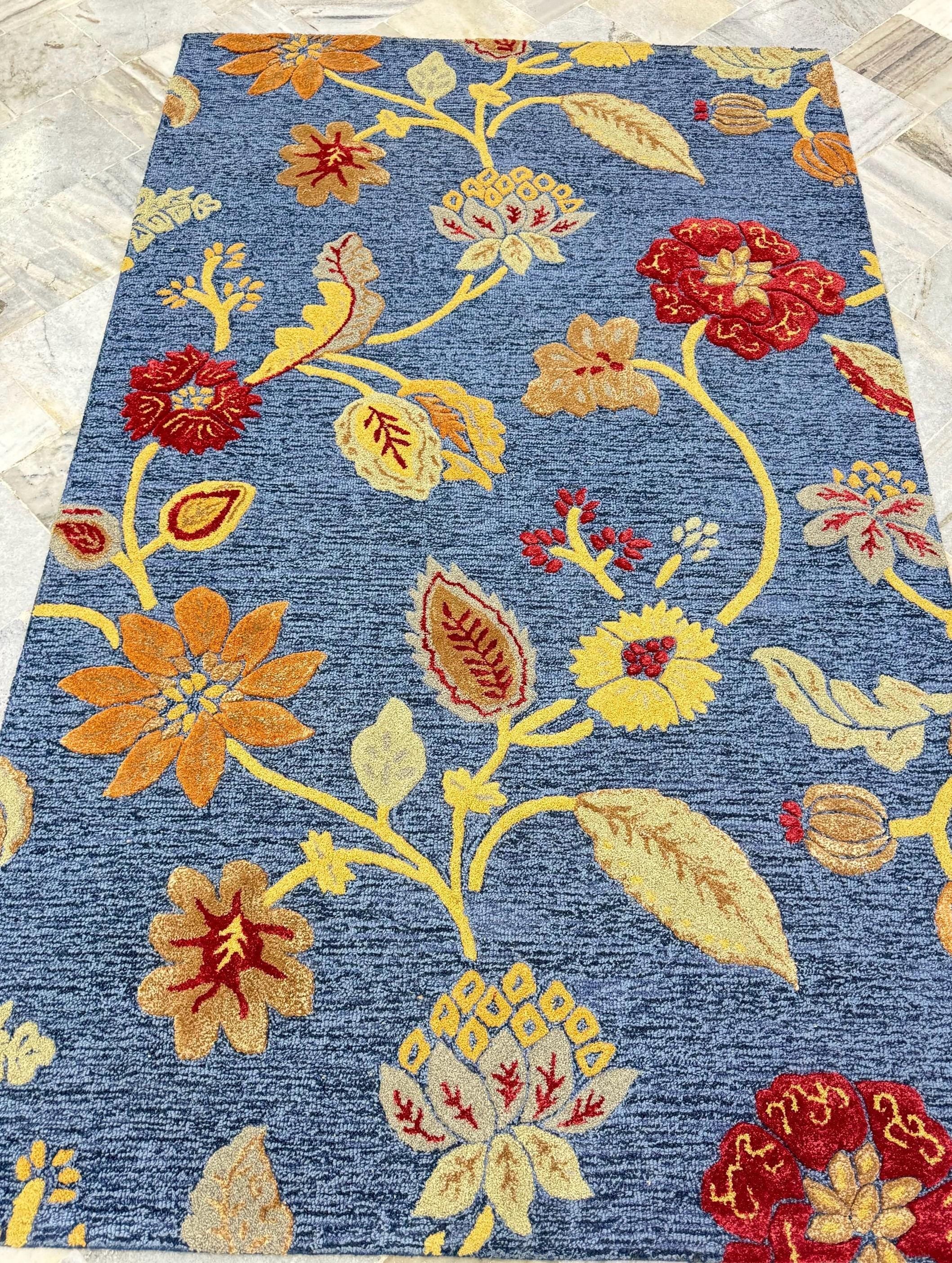Hand-Tufted Floral Wool Rug - Blue & Ochre (5x8)