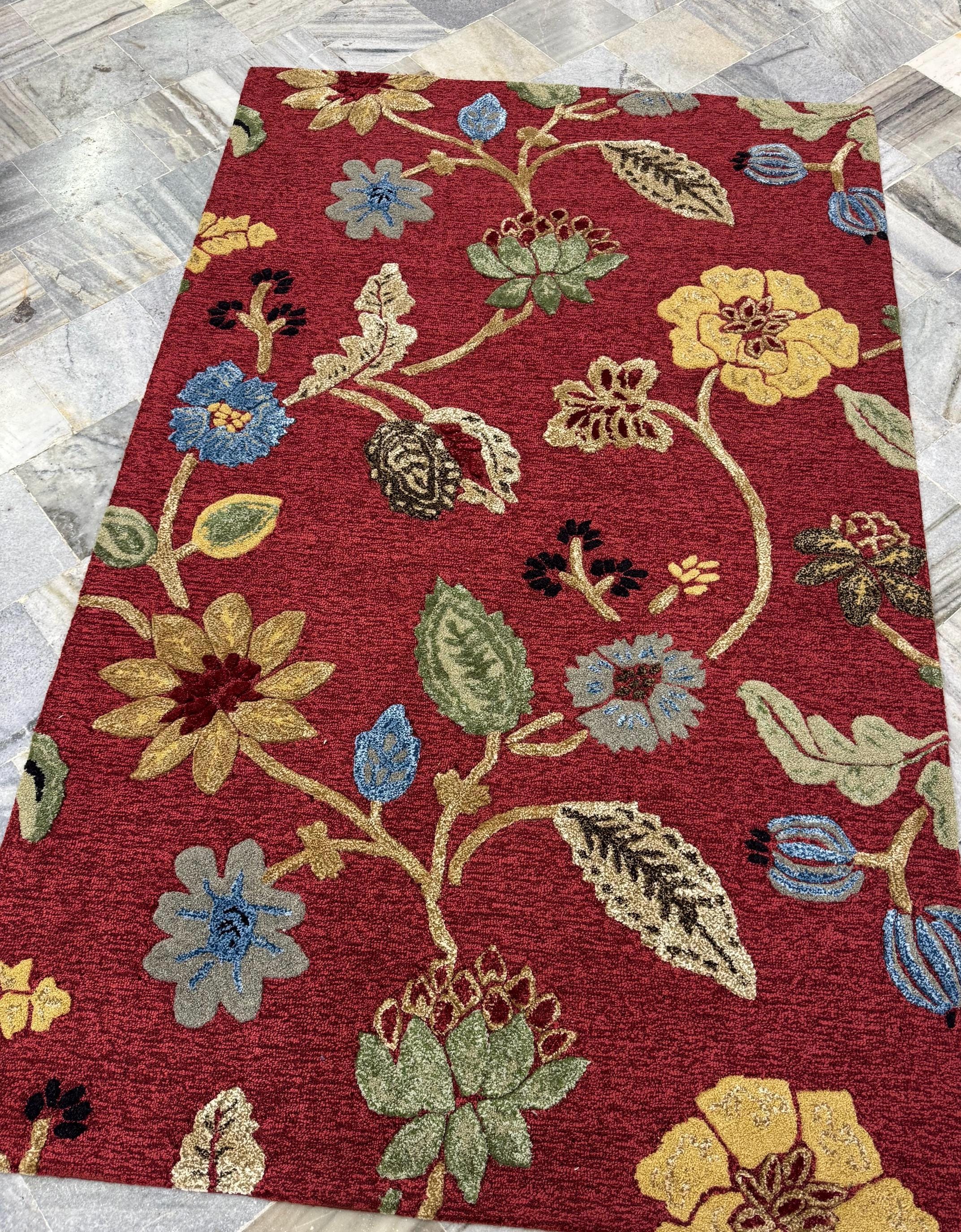 Vintage Floral Hand-Tufted Wool Rug – 5x8 Red Botanical Area Rug