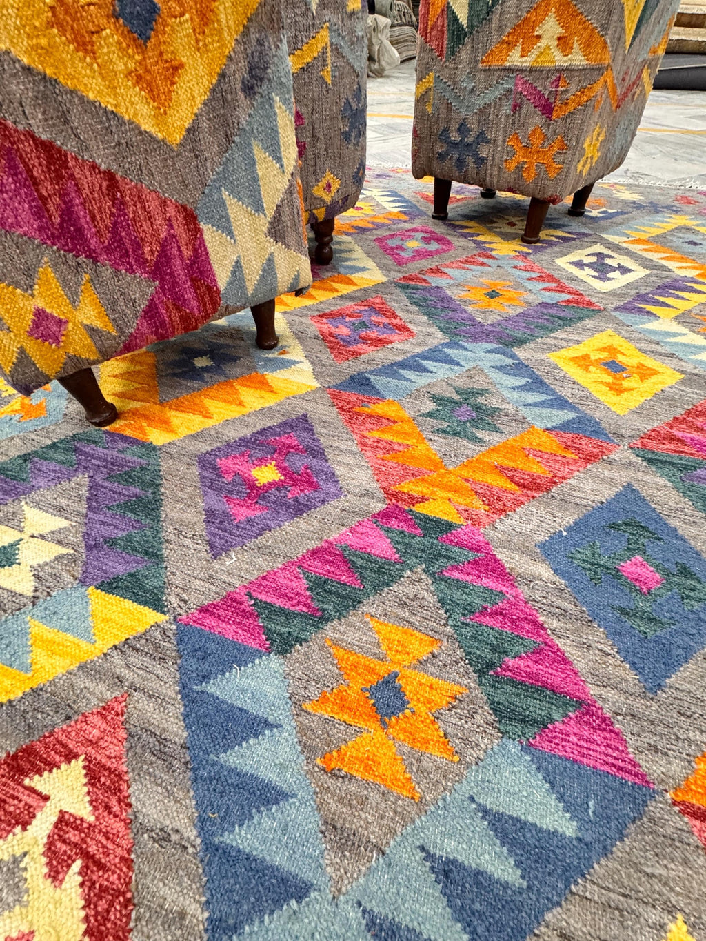 6x9 Kilim Rug - Vibrant Colorful Diamond Geometric Wool Rug - Eclectic Boho Tribal Area Rug
