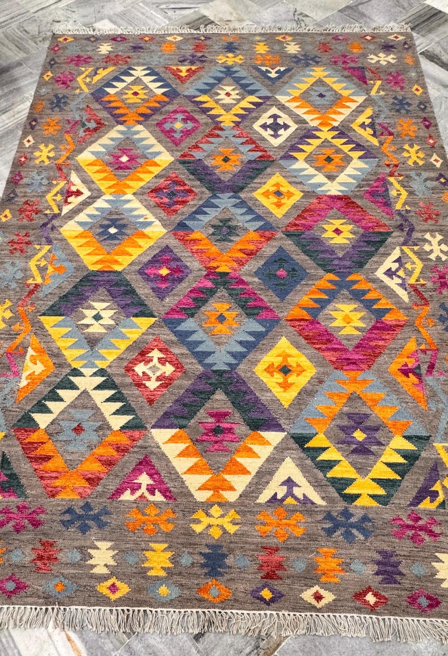 6x9 Kilim Rug - Vibrant Colorful Diamond Geometric Wool Rug - Eclectic Boho Tribal Area Rug