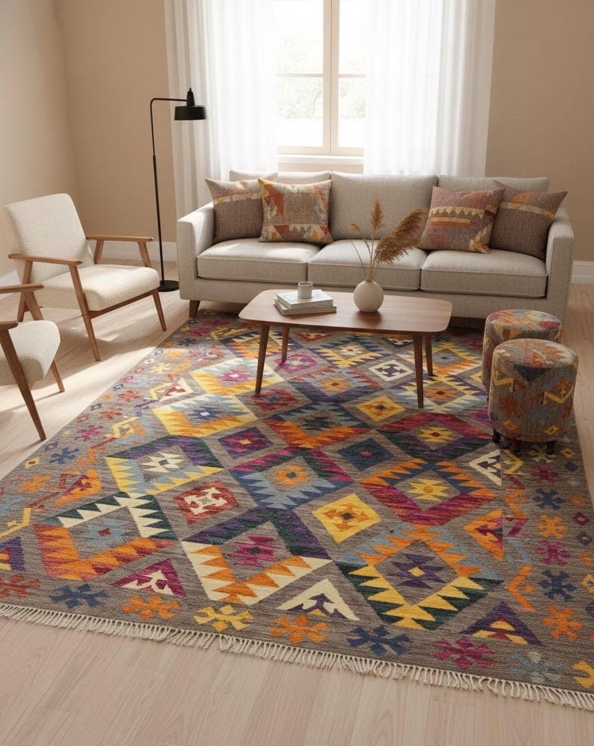 6x9 Kilim Rug - Vibrant Colorful Diamond Geometric Wool Rug - Eclectic Boho Tribal Area Rug