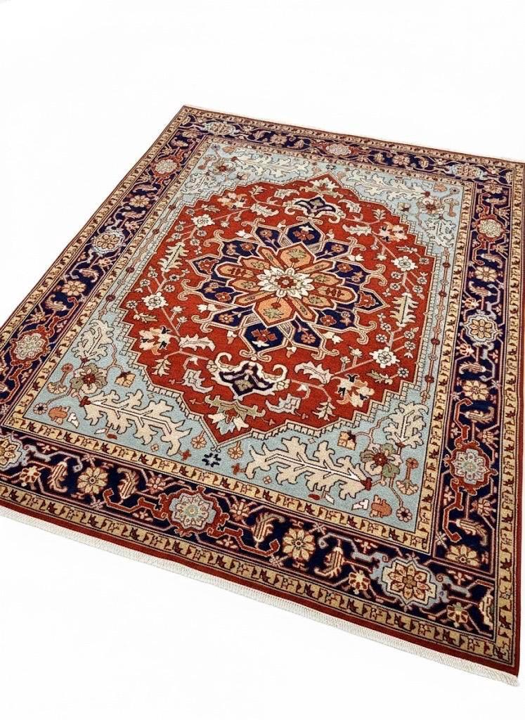 Hand-Knotted Red & Blue Area Rug Traditional Anatolian Design 8x10 Wool Living Room Rug