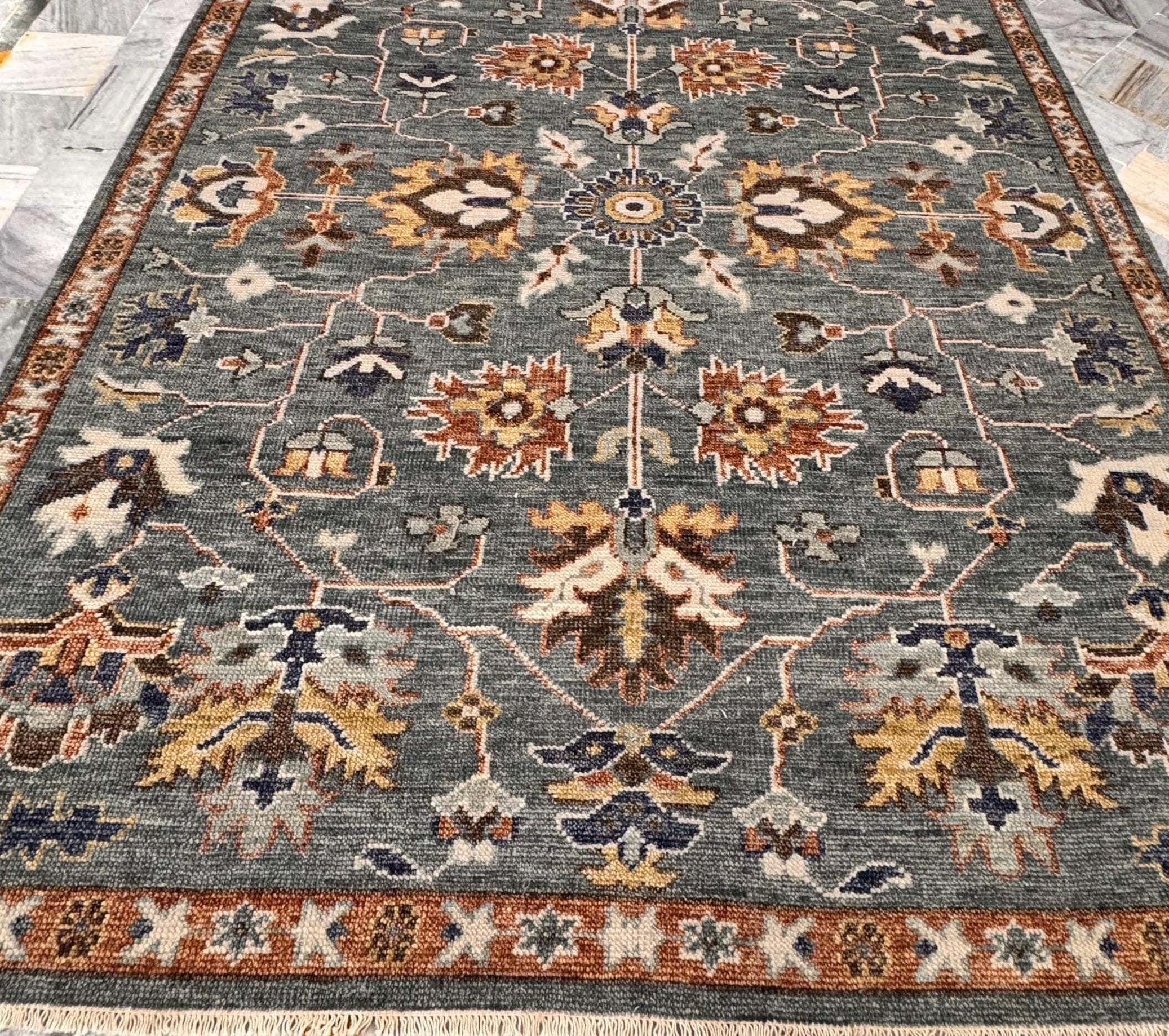 8x10 Ft Hand-Knotted Oushak Wool Rug - Slate Blue & Terracotta Vintage Boho Decor