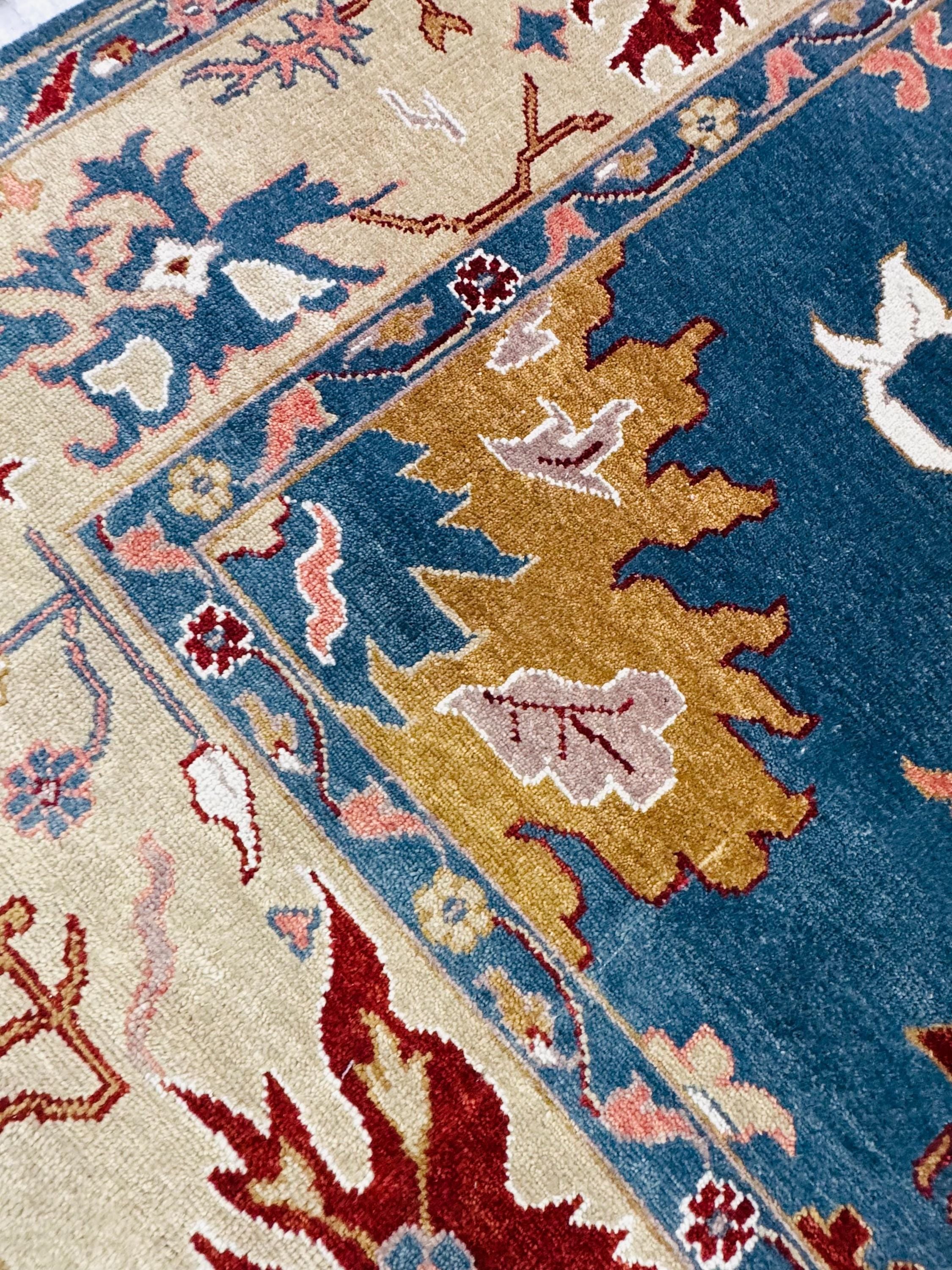 Hand-Knotted Blue Oushak Wool Rug | 8x10 Authentic Turkish Style