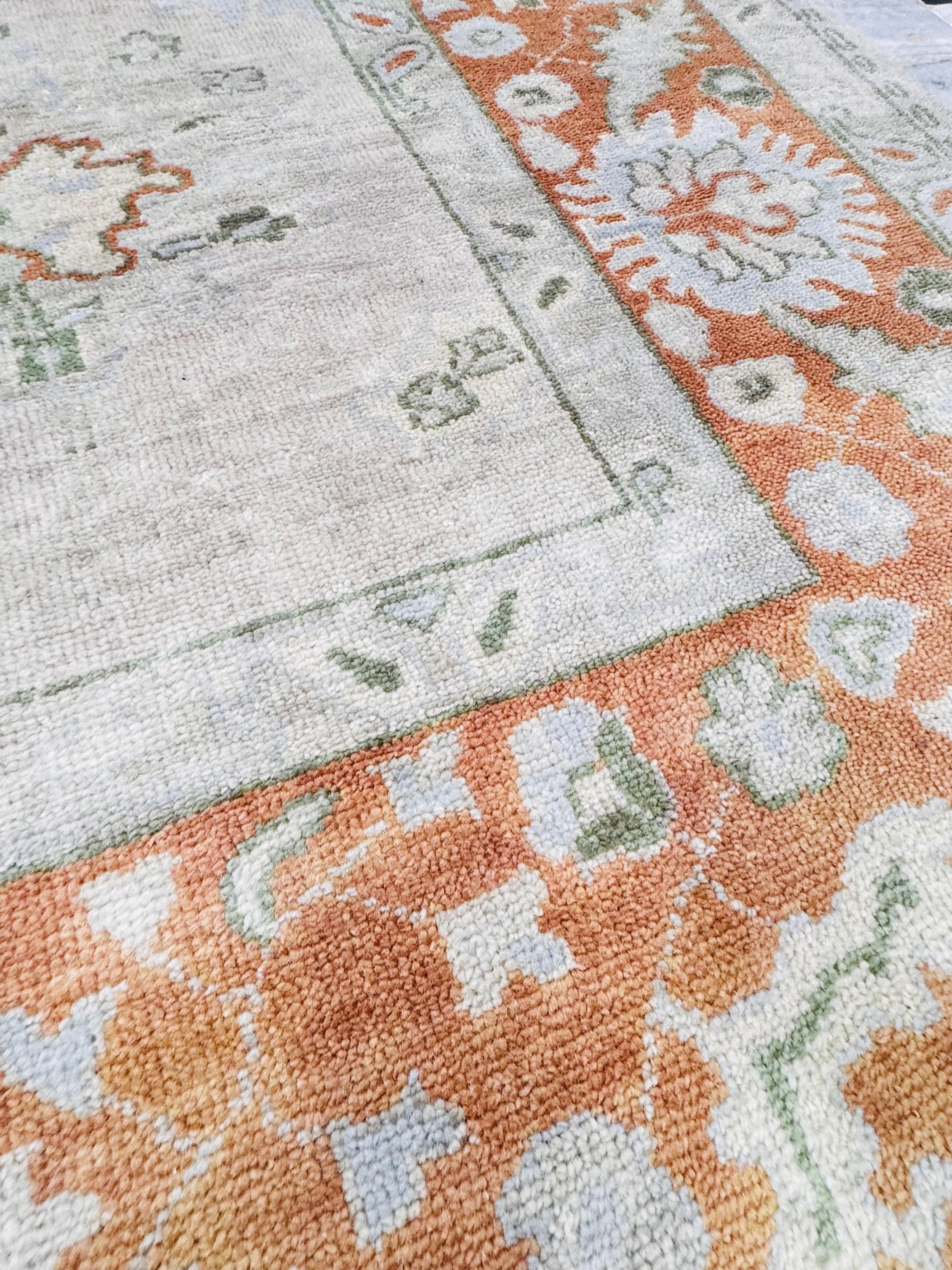 Hand-Knotted 8x10 Antique Oushak Wool Rug – Terracotta & Sage