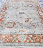 Hand-Knotted 8x10 Antique Oushak Wool Rug – Terracotta & Sage