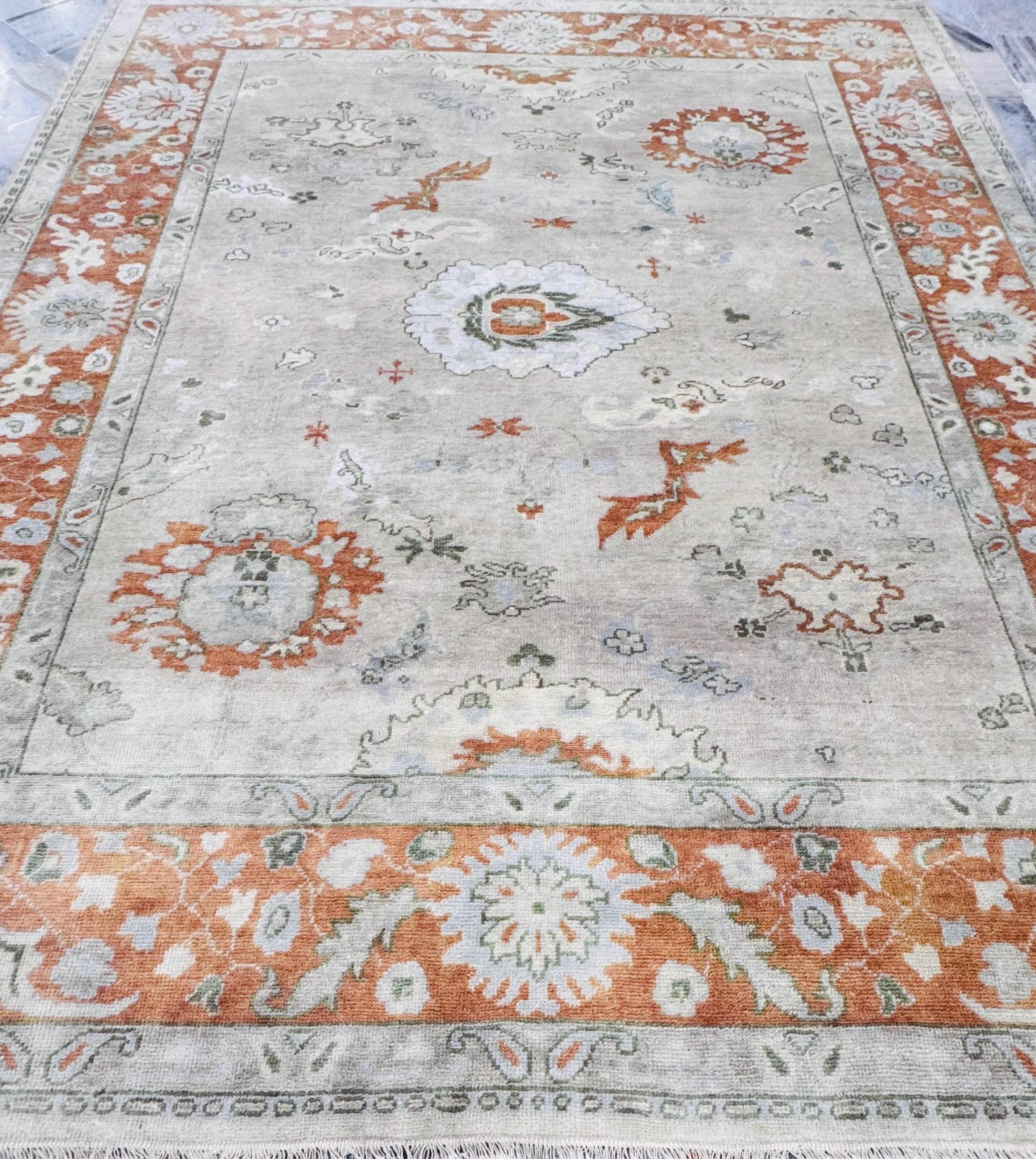 Hand-Knotted 8x10 Antique Oushak Wool Rug – Terracotta & Sage