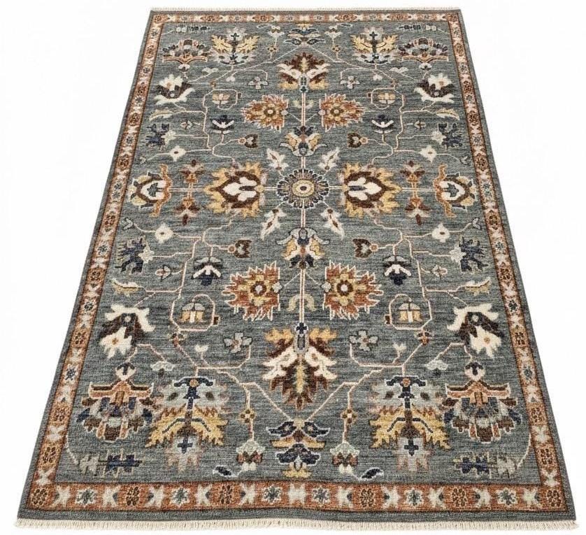 8x10 Ft Hand-Knotted Oushak Wool Rug - Slate Blue & Terracotta Vintage Boho Decor