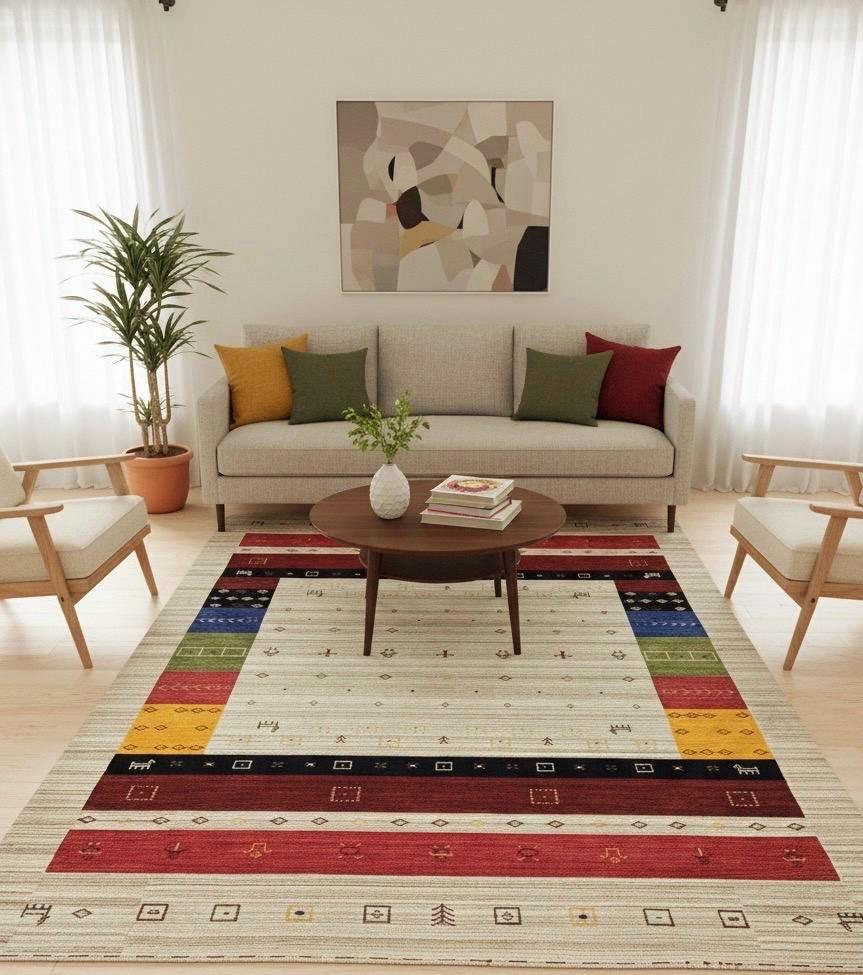Modern Tribal Elegance: Handmade 8x9 Gabbeh Wool Rug