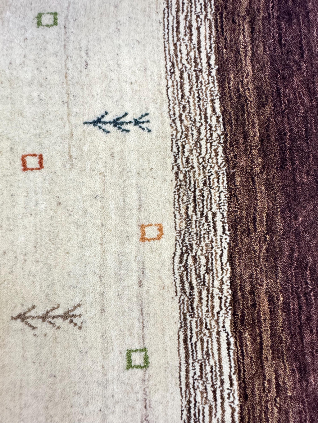 5x8 ft Modern Gabbeh Carpet - Thick Wool, Neutral Cream Field & Chocolate Border