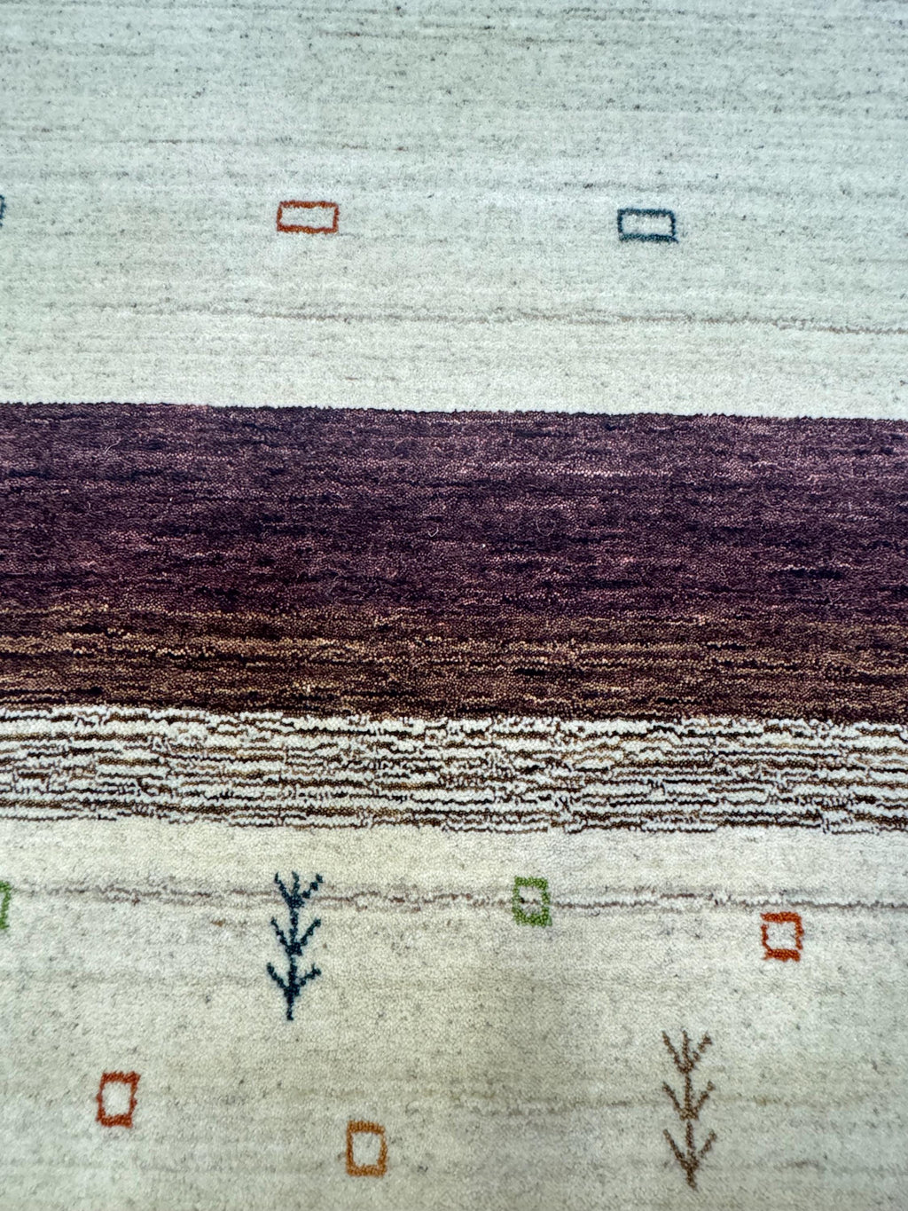5x8 ft Modern Gabbeh Carpet - Thick Wool, Neutral Cream Field & Chocolate Border