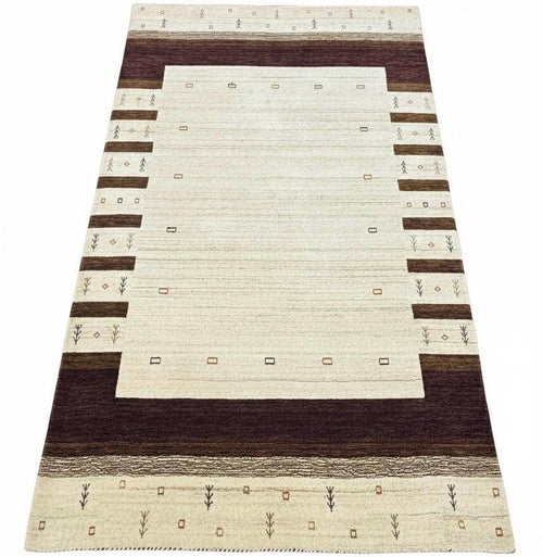 5x8 ft Modern Gabbeh Carpet - Thick Wool, Neutral Cream Field & Chocolate Border