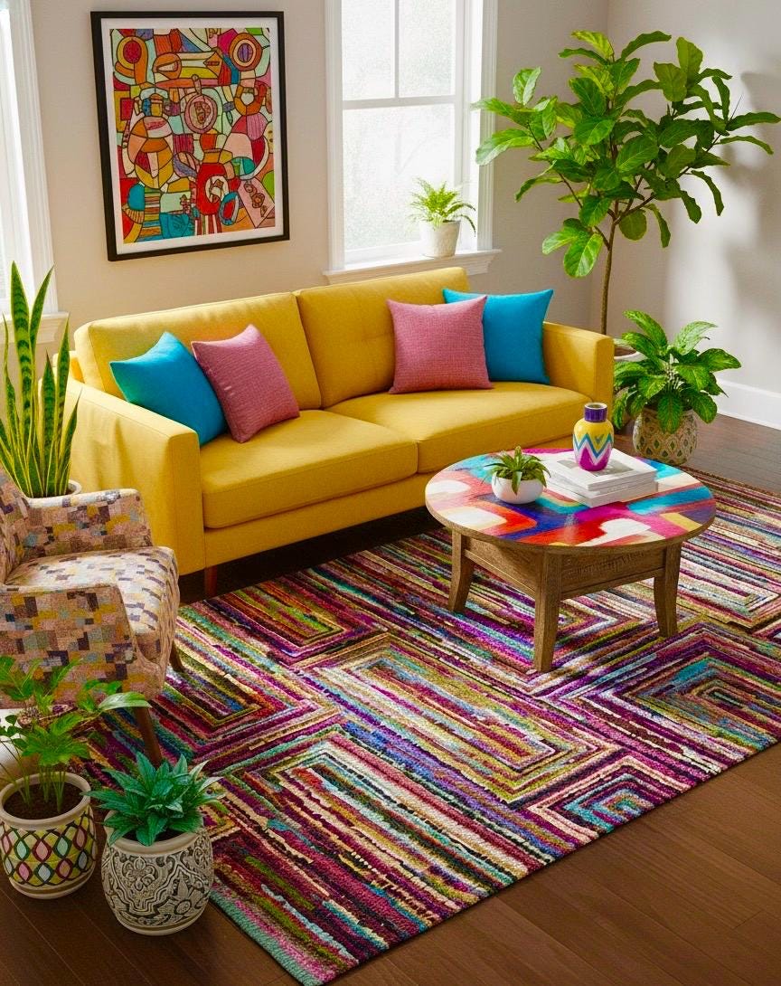 5x8 Multi-Color Recycled Cotton Rag Rug | Handmade Eco-Friendly Area Rug | Vibrant Boho Chindi Geometric boxes Pattern Floor Mat