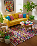 5x8 Multi-Color Recycled Cotton Rag Rug | Handmade Eco-Friendly Area Rug | Vibrant Boho Chindi Geometric boxes Pattern Floor Mat